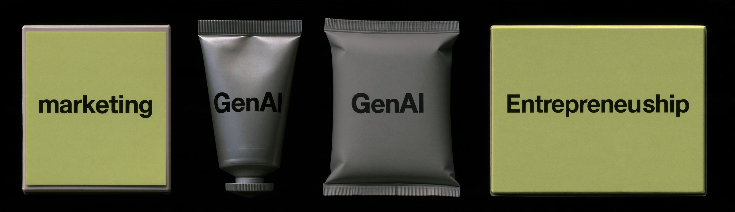 Product packaging labelled marketing, GenAI, entrepreneurship